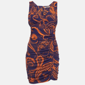 Roberto Cavalli Purple and Orange Printed Jersey Ruched Mini Dress M