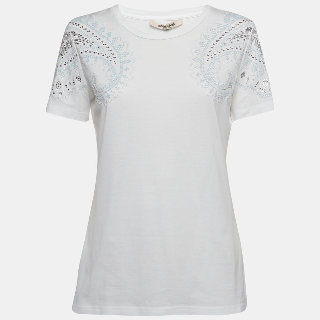 luxury-women-roberto-cavalli-used-clothes-p992808-002 Roberto Cavalli White Crystal Embellished Jersey T-Shirt M