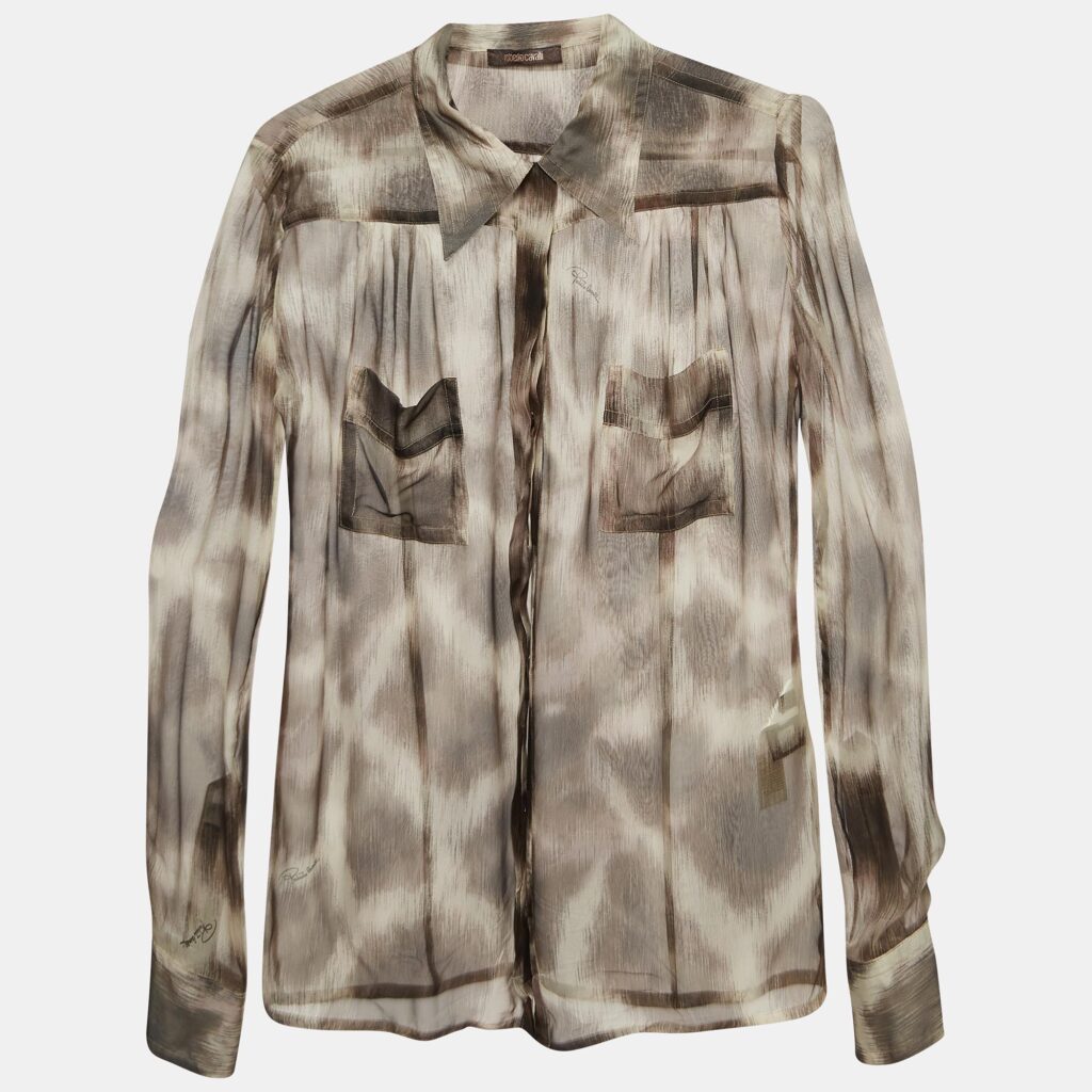luxury-women-roberto-cavalli-used-clothes-p997989-001 Roberto Cavalli Brown Animal Print Silk Sheer Shirt S