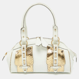 Roberto Cavalli White/Gold Croc Embossed Leather and Snakeskin Satchel