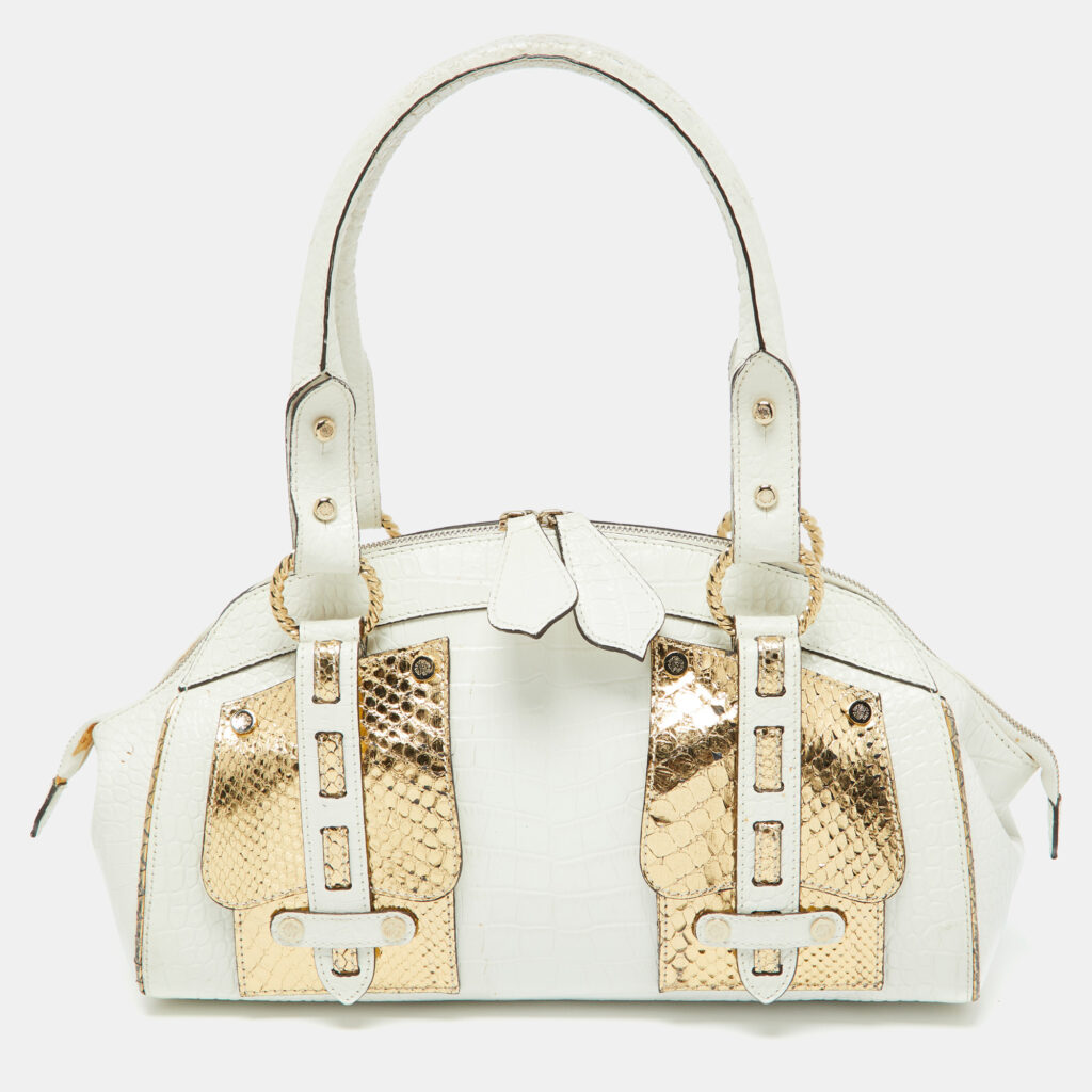 luxury-women-roberto-cavalli-used-handbags-p1044889-025 Roberto Cavalli White/Gold Croc Embossed Leather and Snakeskin Satchel
