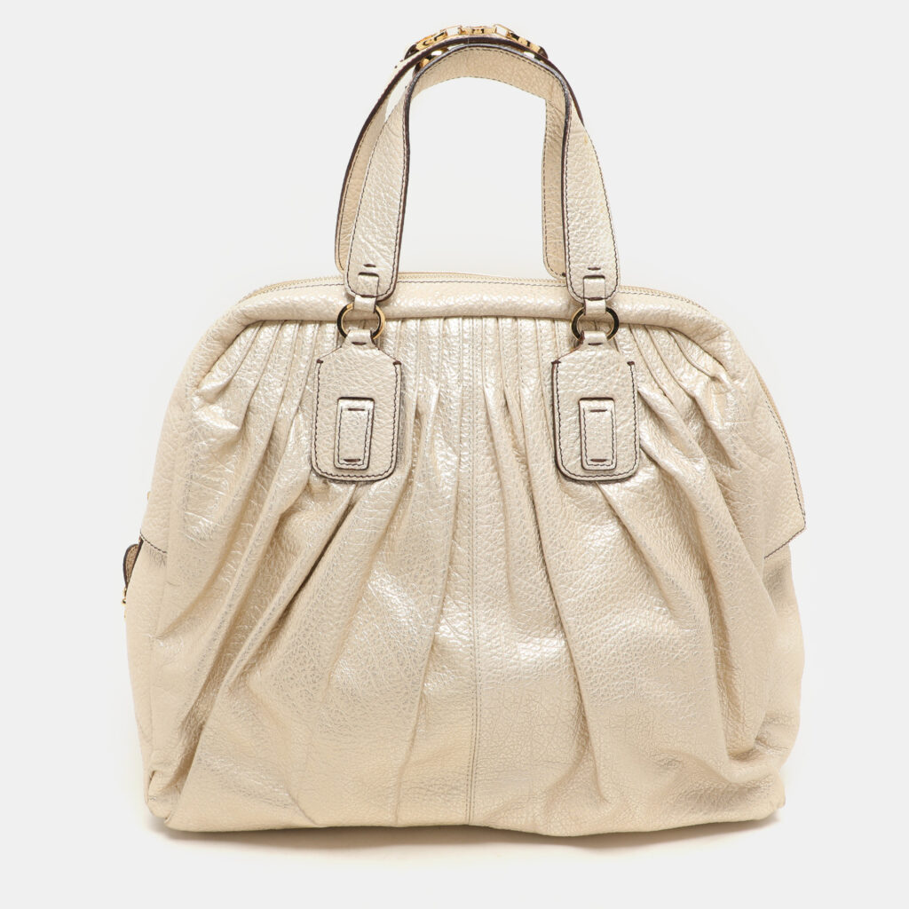 luxury-women-roberto-cavalli-used-handbags-p1148652-005.jpg Roberto Cavalli Metallic Gold Textured Leather Chain Detail Handle Satchel