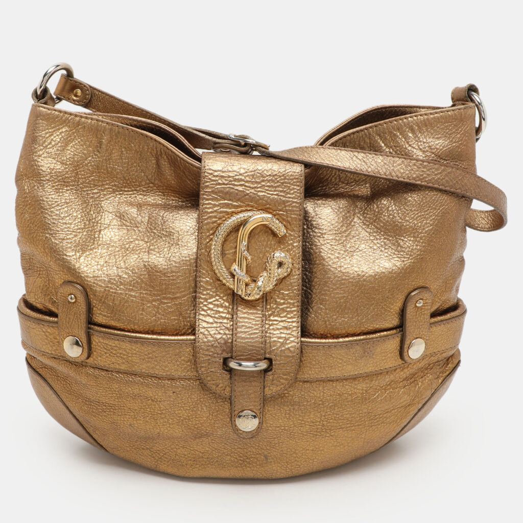 luxury-women-roberto-cavalli-used-handbags-p1157299-002 Roberto Cavalli Gold Leather Charm Flap Hobo