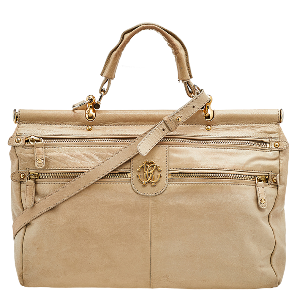 luxury-women-roberto-cavalli-used-handbags-p563241-006-2 Roberto Cavalli Beige Leather Multiple Pocket Top Handle Bag