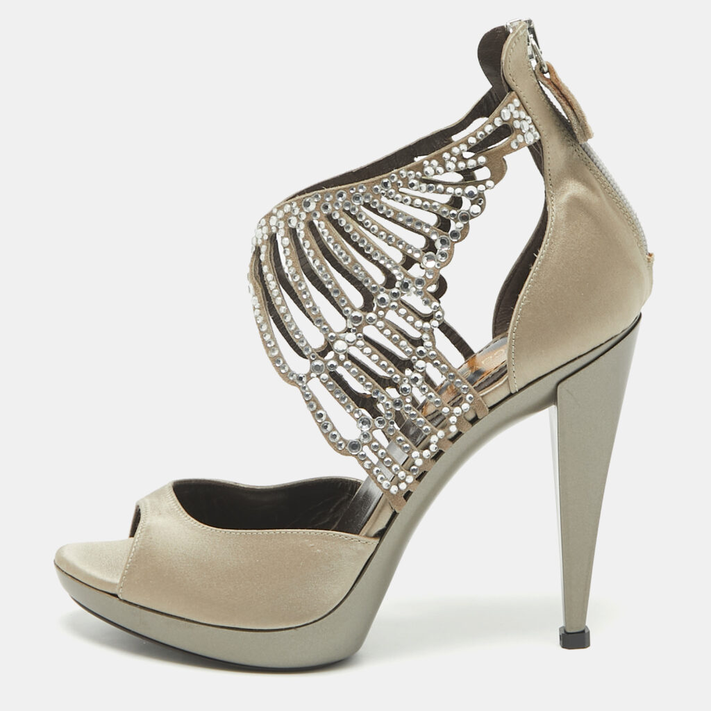 Roberto Cavalli Grey Satin Embellished Crystal Embellished Ankle Strap Sandals Size 36