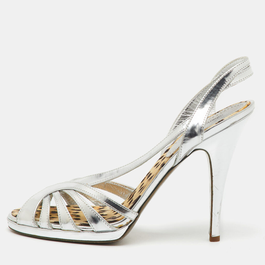 Roberto Cavalli Silver Metallic Leather Strappy Slingback Sandals Size 40