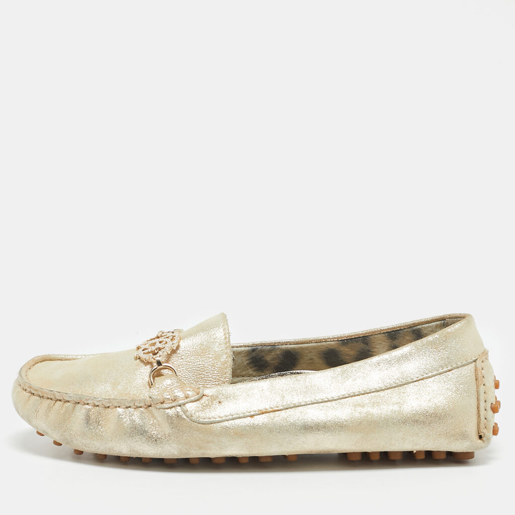 Roberto Cavalli Gold Suede Slip On Loafers Size 37