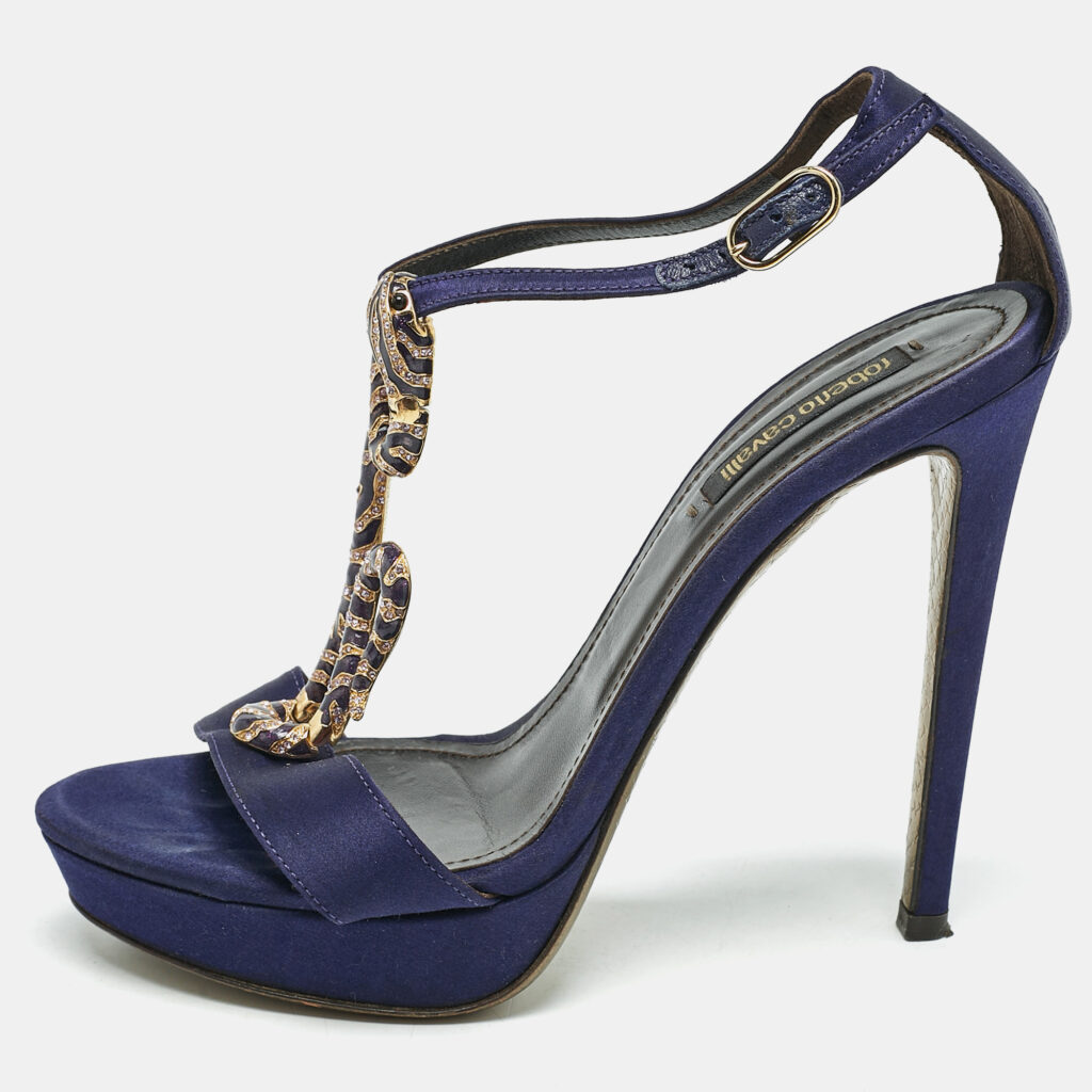 luxury-women-roberto-cavalli-used-shoes-p1153826-008 Roberto Cavalli Purple Satin Snake Embellished T-Strap Sandals Size 36