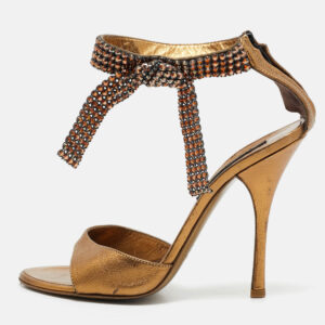 Roberto Cavalli Gold Leather Crystal Embellished Ankle Strap Sandals Size 36