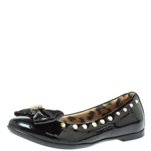 Roberto Cavalli Black Patent Leather Embellished Bow Ballet Flats Size 37