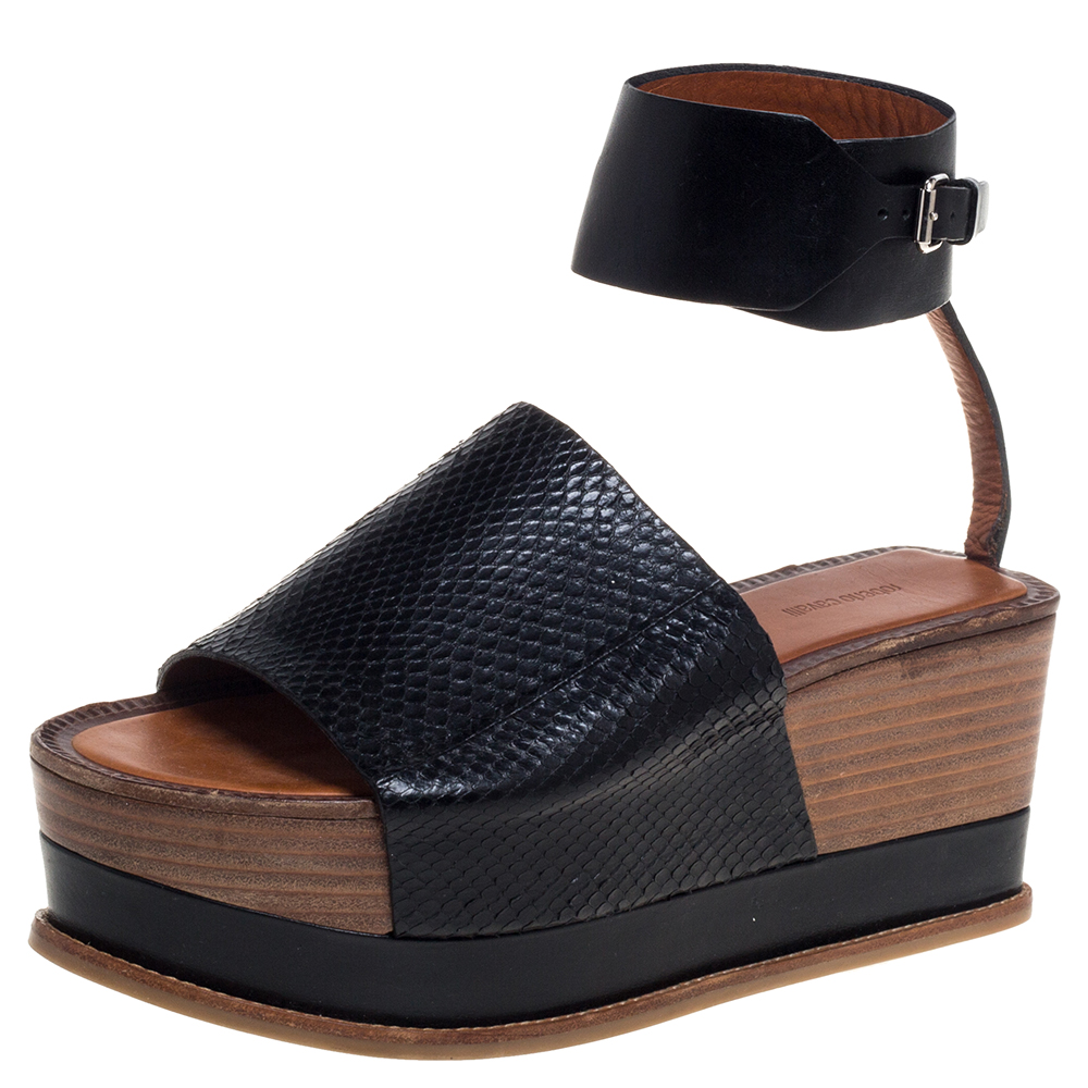 luxury-women-roberto-cavalli-used-shoes-p392371-003 Roberto Cavalli Black Python Leather Platform Ankle Cuff Sandals Size 37