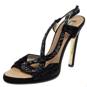 Roberto Cavalli Black Satin Embellished Slingback Sandals Size 37.5