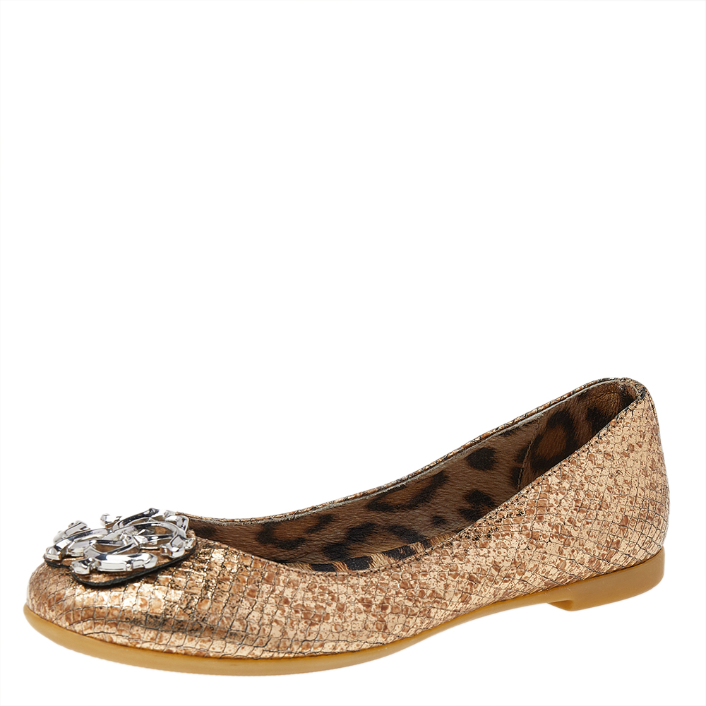 luxury-women-roberto-cavalli-used-shoes-p492388-006 Roberto Cavalli Metallic Gold Python Embossed Leather Logo Embellished Ballet Flats Size 36