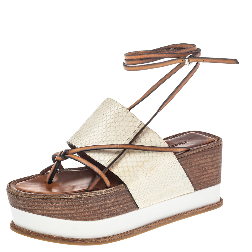 luxury-women-roberto-cavalli-used-shoes-p492801-006 Roberto Cavalli Cream Python Wedge Platform Ankle Wrap Sandals Size 38.5
