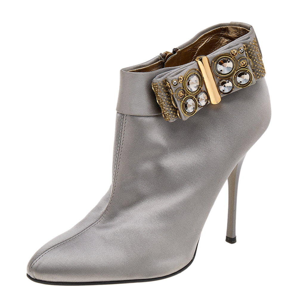 luxury-women-roberto-cavalli-used-shoes-p562104-005-2 Roberto Cavalli Grey Satin Bow Embellished Ankle Length Boots Size 38