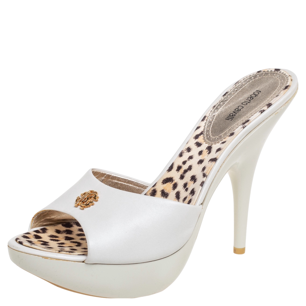 luxury-women-roberto-cavalli-used-shoes-p578996-003-2 Roberto Cavalli White Leather Logo Buckle Platform Sandals Size 40