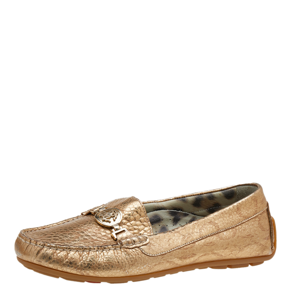 luxury-women-roberto-cavalli-used-shoes-p612579-006-2 Roberto Cavalli Metallic Gold Iridescent Effect Leather Embellished Slip On Loafers Size 39