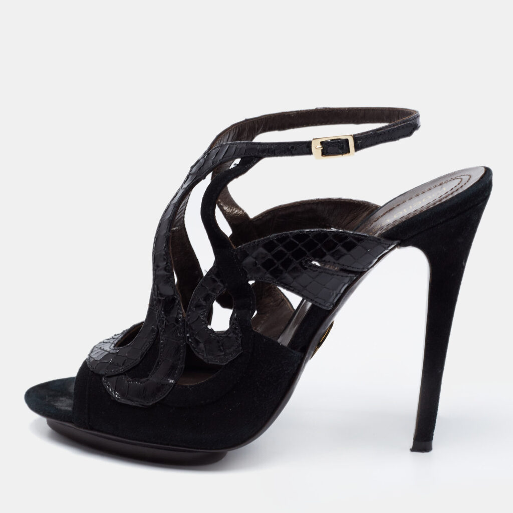 luxury-women-roberto-cavalli-used-shoes-p715788-002 Roberto Cavalli Black Snakeskin Embossed Leather and Suede Ankle Strap Sandals Size 39.5