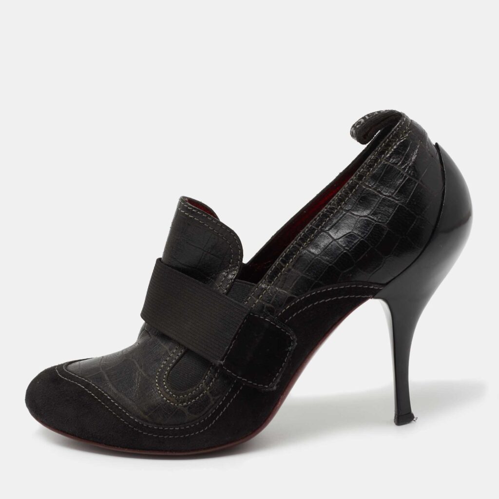 luxury-women-roberto-cavalli-used-shoes-p738329-003 Roberto Cavalli Black Croc Embossed Leather and Suede Ankle Length Booties Size 37