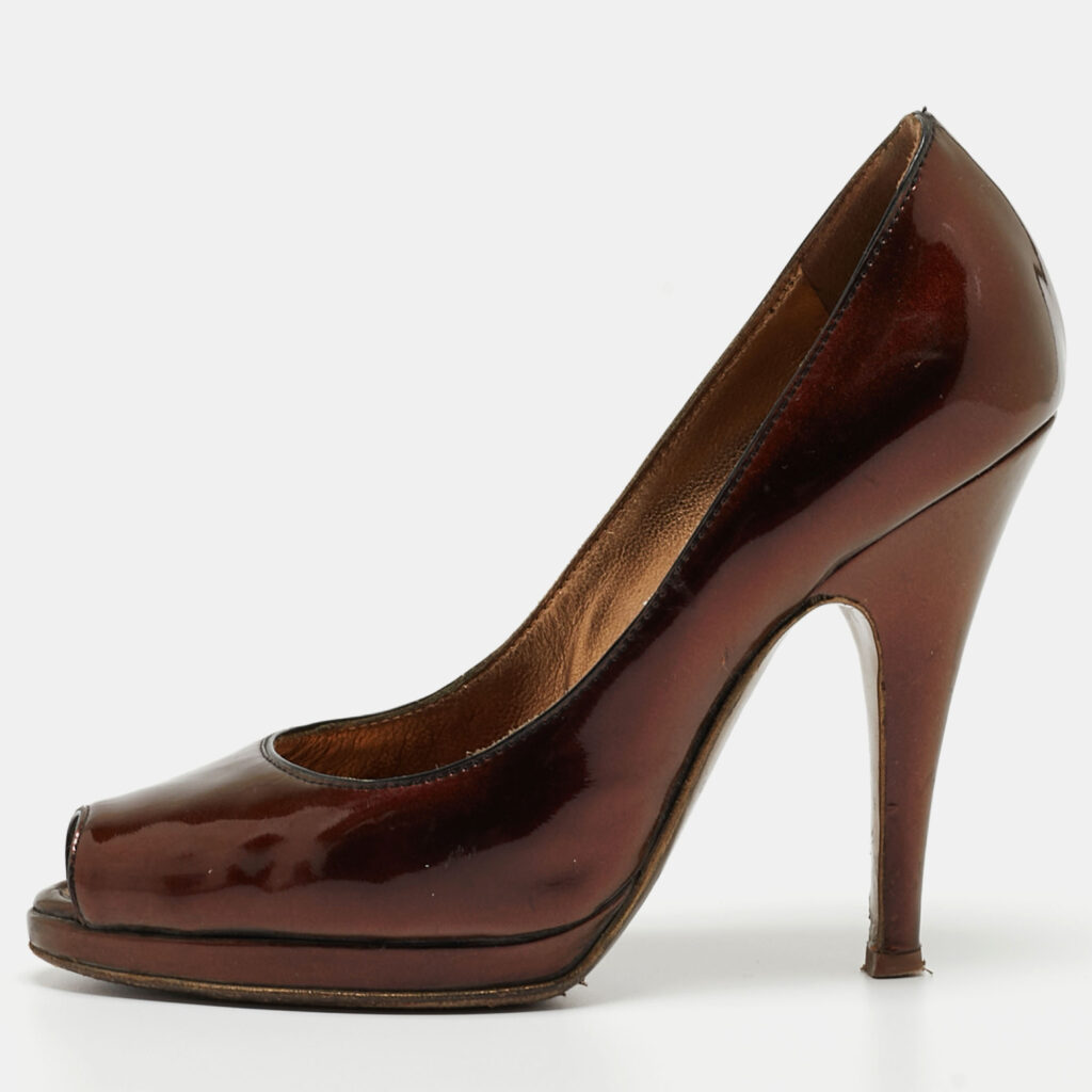 luxury-women-roberto-cavalli-used-shoes-p899412-010 Roberto Cavalli Metallic Gold Patent Leather Peep Toe Pumps Size 35.5