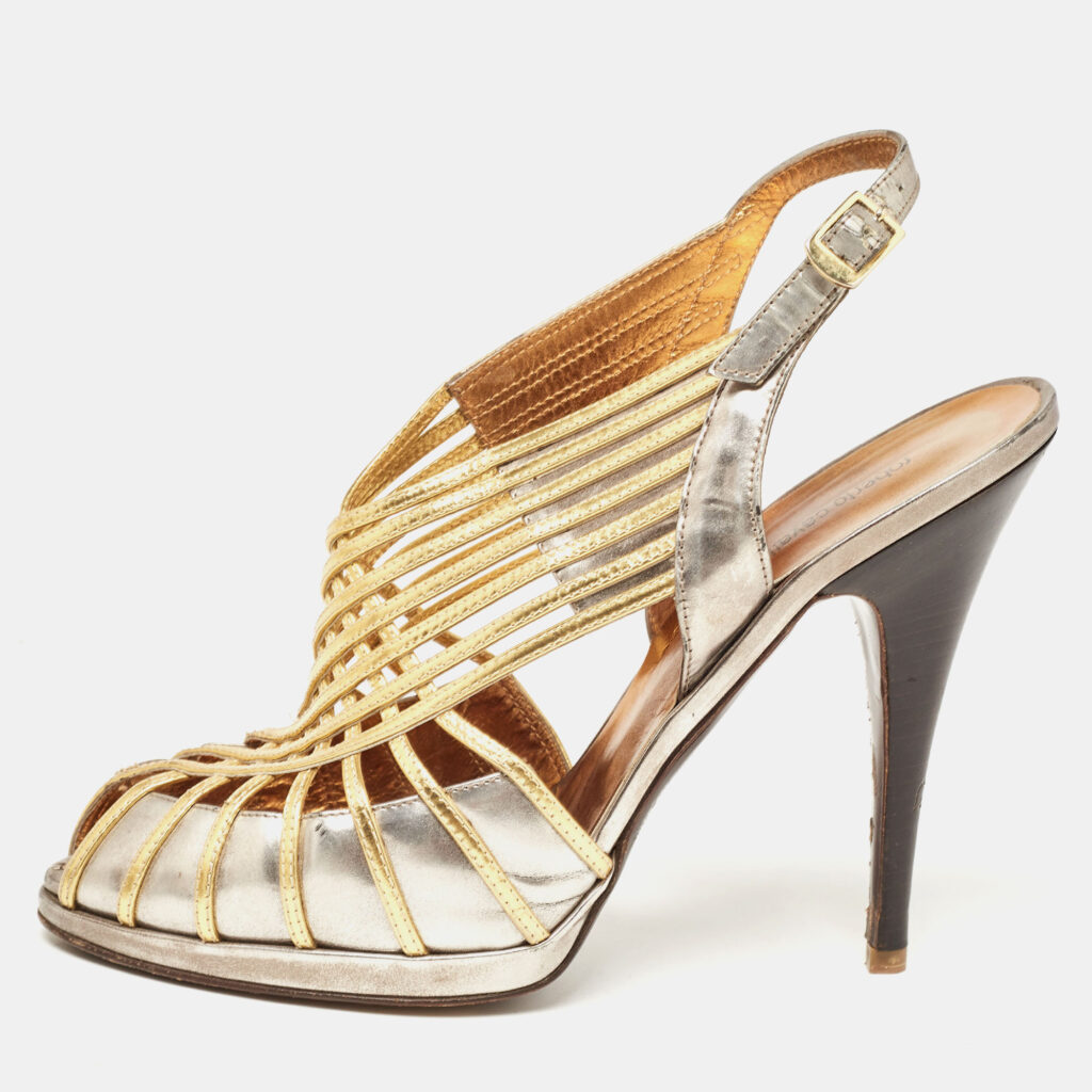 luxury-women-roberto-cavalli-used-shoes-p929528-010 Roberto Cavalli Metallic Leather Strappy Sandals Size 40