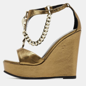 Just Cavalli  Metallic Gold Leather Wedge Ankle Strap Sandals Size 38