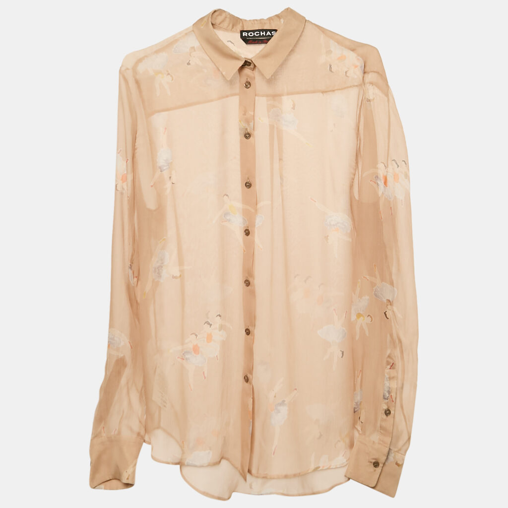 Rochas Beige Ballerina Print Silk Sheer Shirt L
