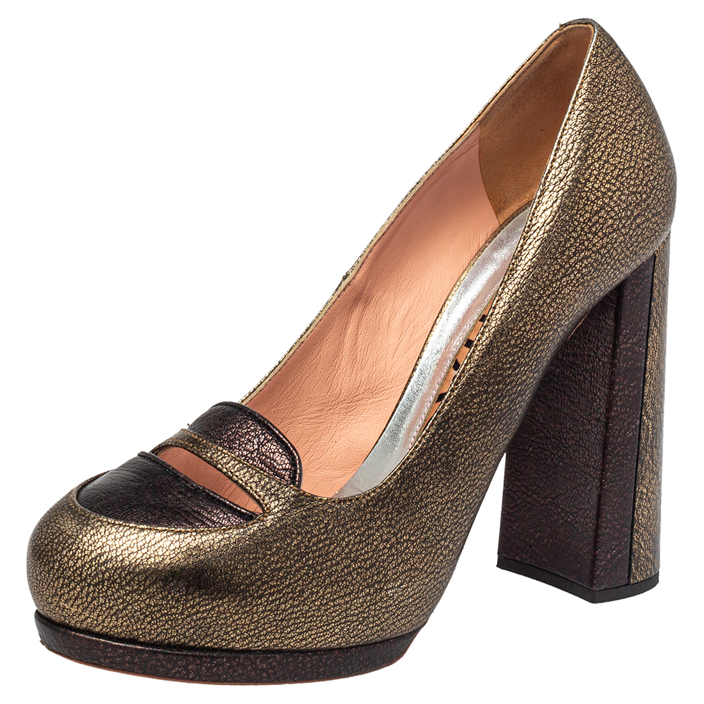 luxury-women-rochas-used-shoes-p446056-003 Rochas Metallic Bronze/Brown Leather Block Heel Loafer Pumps Size 39