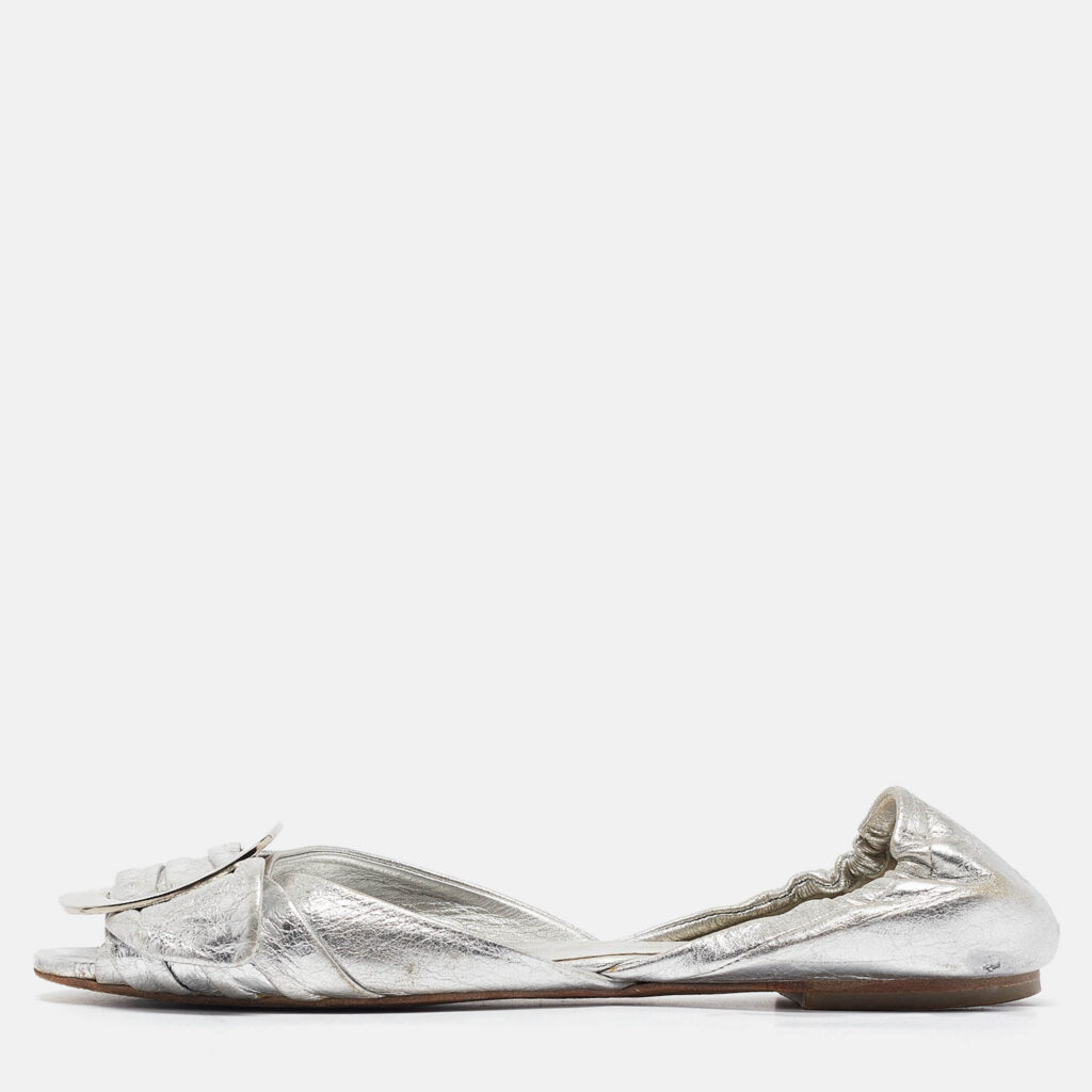 luxury-women-roger-vivier-used-shoes-p1029374-010 Roger Vivier Silver Leather Open Toe Ballet Flats Size 36
