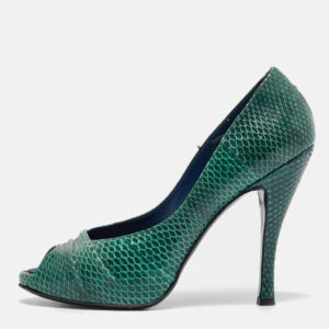 Roger Vivier Green Snakeskin Leather Peep Toe Pumps Size 37.5