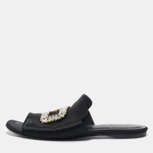 Roger Vivier Black Satin Crystal Embellished Flat Mules Size 40