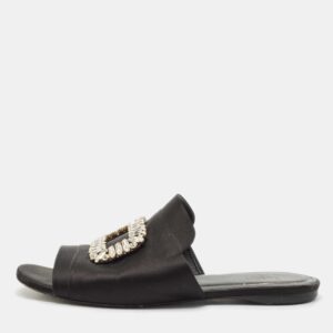 Roger Vivier Black Satin Crystals Embellished Flat Slides Size 38.5