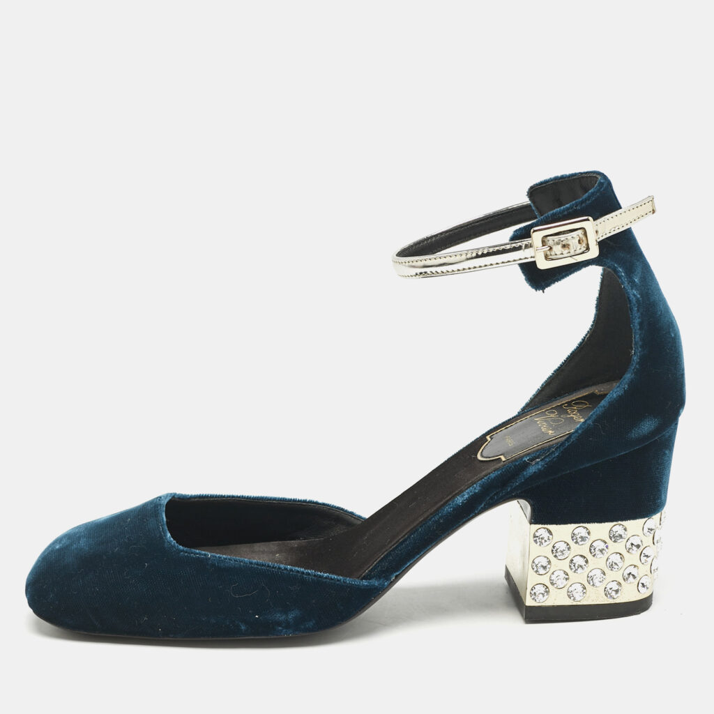 luxury-women-roger-vivier-used-shoes-p1161186-006 Roger Vivier Dark Blue Velvet Crystal Embellished Block Heel Ankle Strap Sandals Size 36