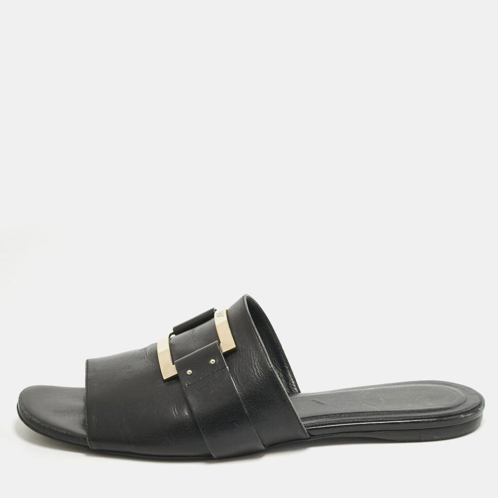 luxury-women-roger-vivier-used-shoes-p1163275-003 Roger Vivier Black Leather Buckle Flat Slides Size 41