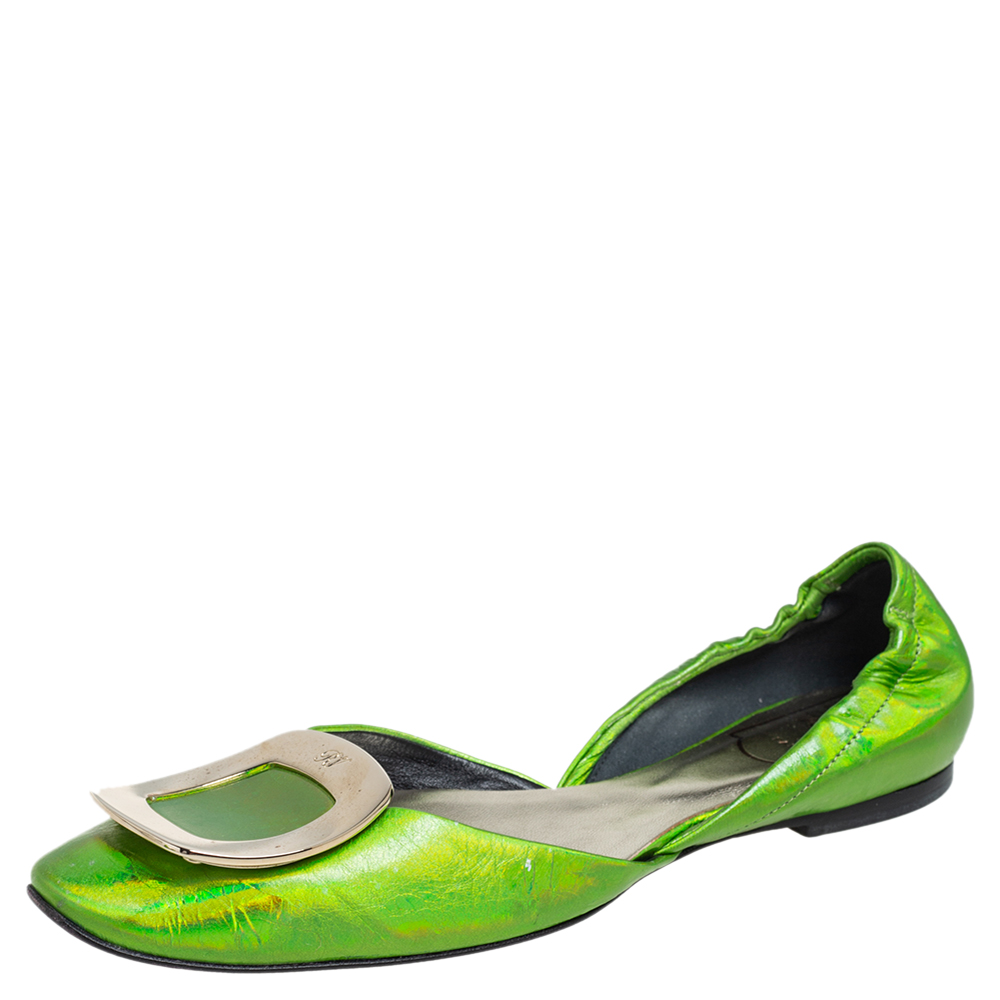 luxury-women-roger-vivier-used-shoes-p468327-006 Roger Vivier Metallic Green Leather Flats Size 35.5