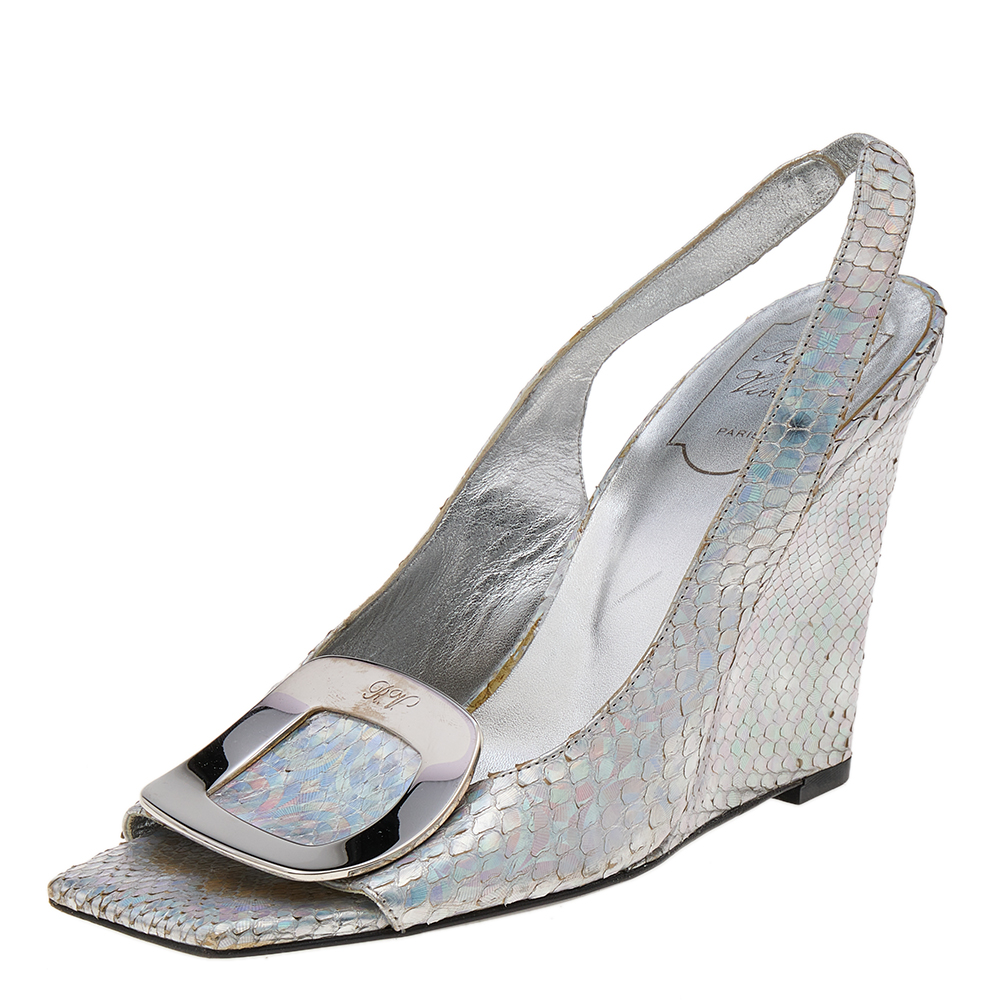 luxury-women-roger-vivier-used-shoes-p572685-005 Roger Vivier Metallic Iridescent Python Wedge Slingback Sandals Size 37