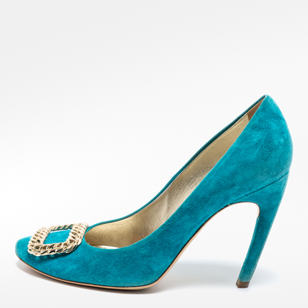 luxury-women-roger-vivier-used-shoes-p663701-002-1 Roger Vivier Turquoise Blue Suede Chain Detail Round Toe Pumps Size 38.5