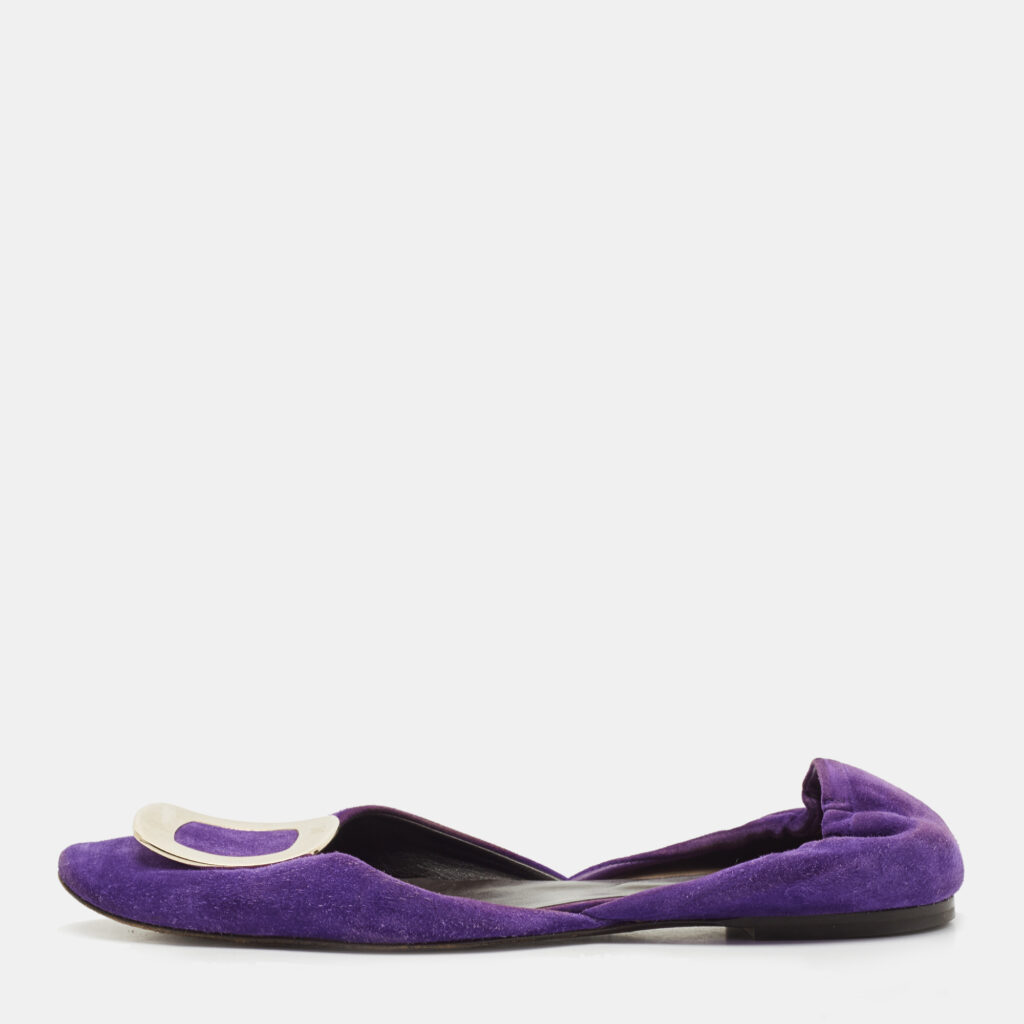 luxury-women-roger-vivier-used-shoes-p799987-003 Roger Vivier Purple Suede Chip Buckle D'orsay Ballet Flats Size 38