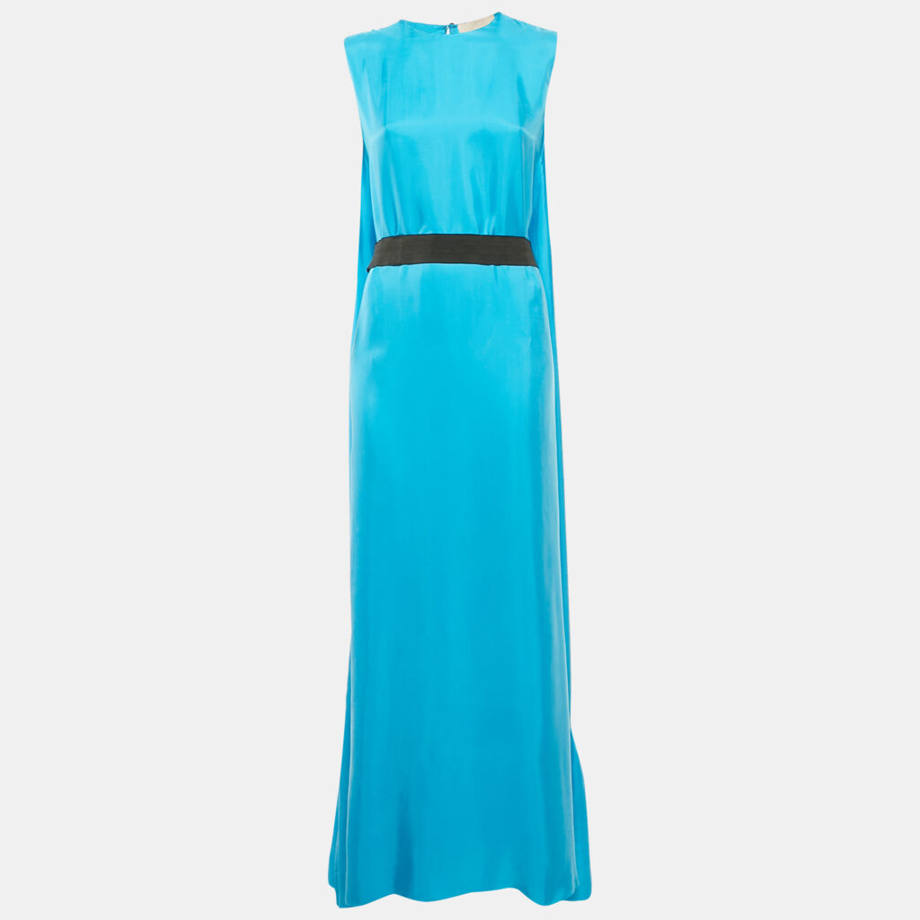 luxury-women-roksanda-ilincic-used-clothes-p1169963-001 Roksanda Ilincic Sky Blue Sateen Sleeveless Belted Ruffle Hem Maxi Dress L
