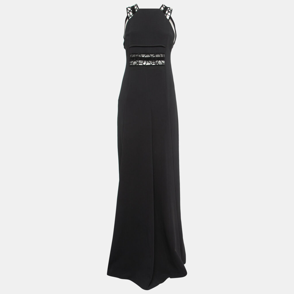 Roland Mouret Black Stretch Crepe Embroidered Lace Trim Gown M