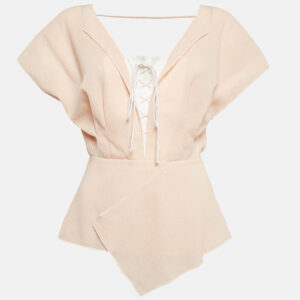 Roland Mouret Pink Wool Crepe Lace-Up Pleated Top S