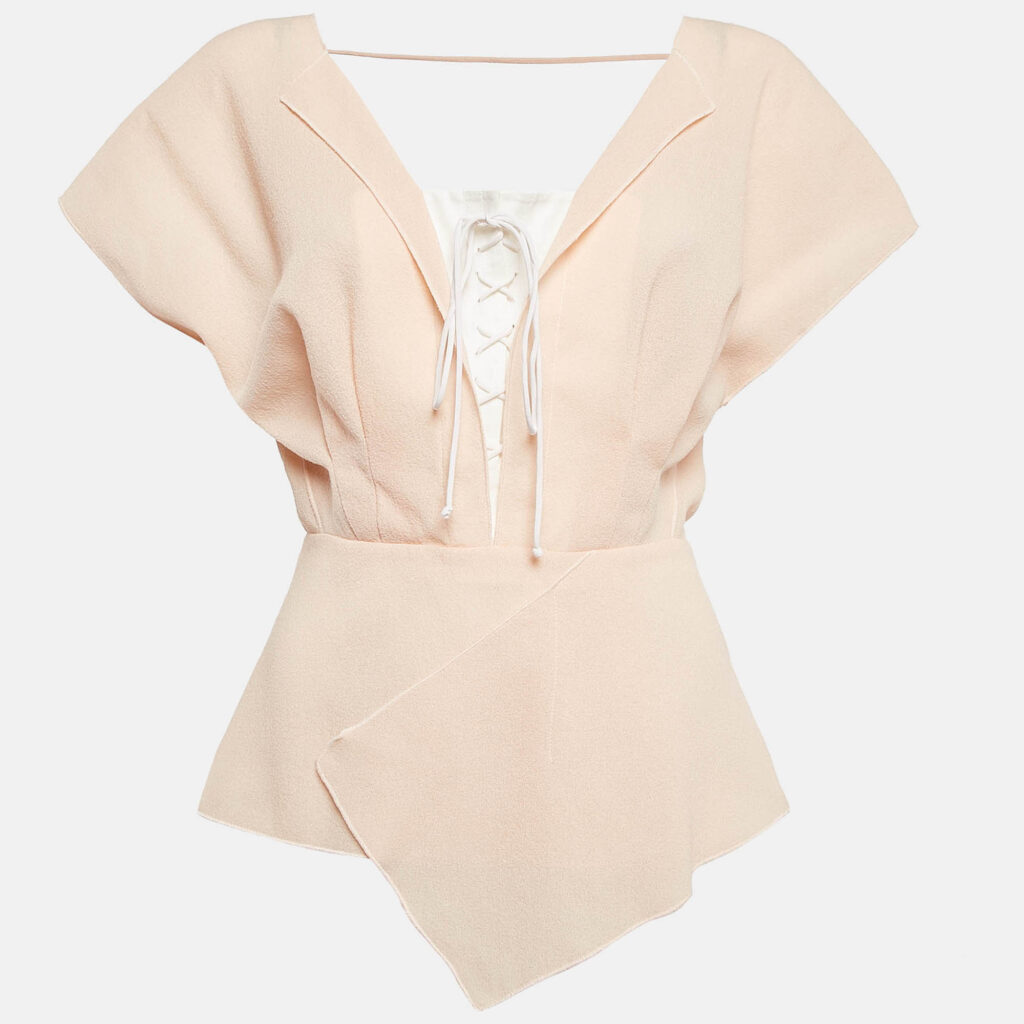 Roland Mouret Pink Wool Crepe Lace-Up Pleated Top S