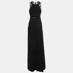 Roland Mouret Black Crepe Lace Inset Vasall Long Dress S