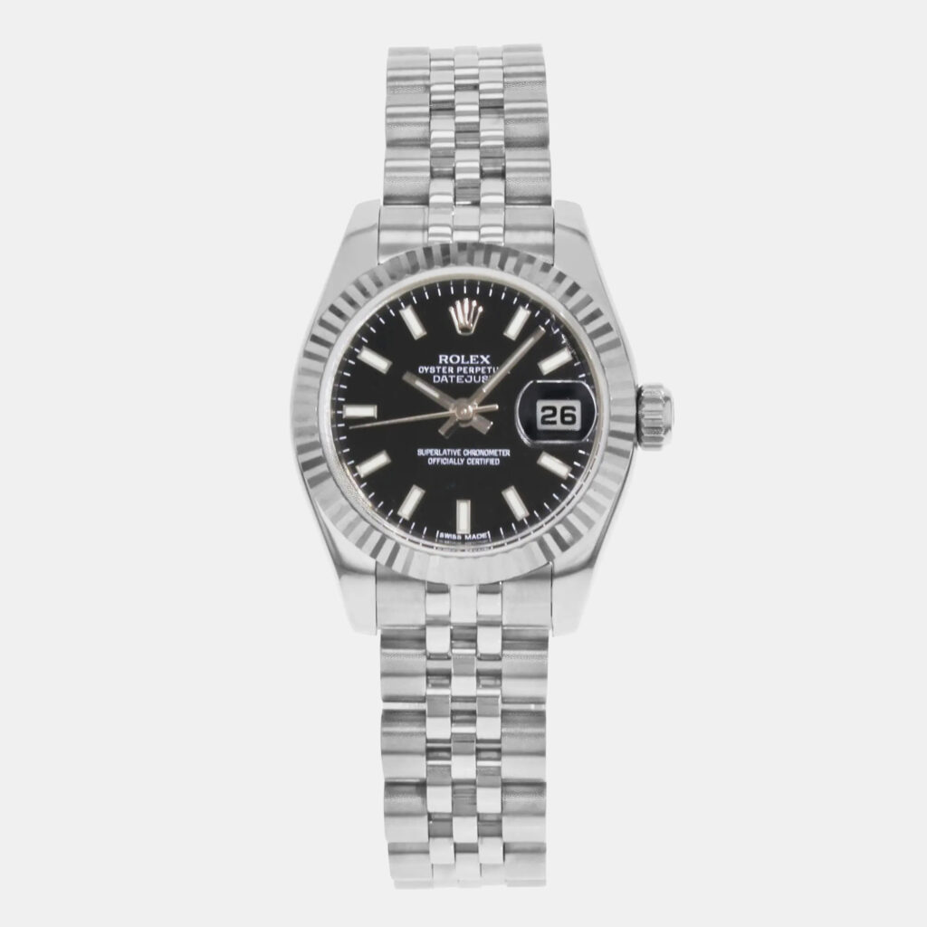 luxury-women-rolex-used-watches-p1160603-006 Rolex Black 18k White Gold Stainless Steel Datejust 179174 Automatic Women's Wristwatch 26 mm
