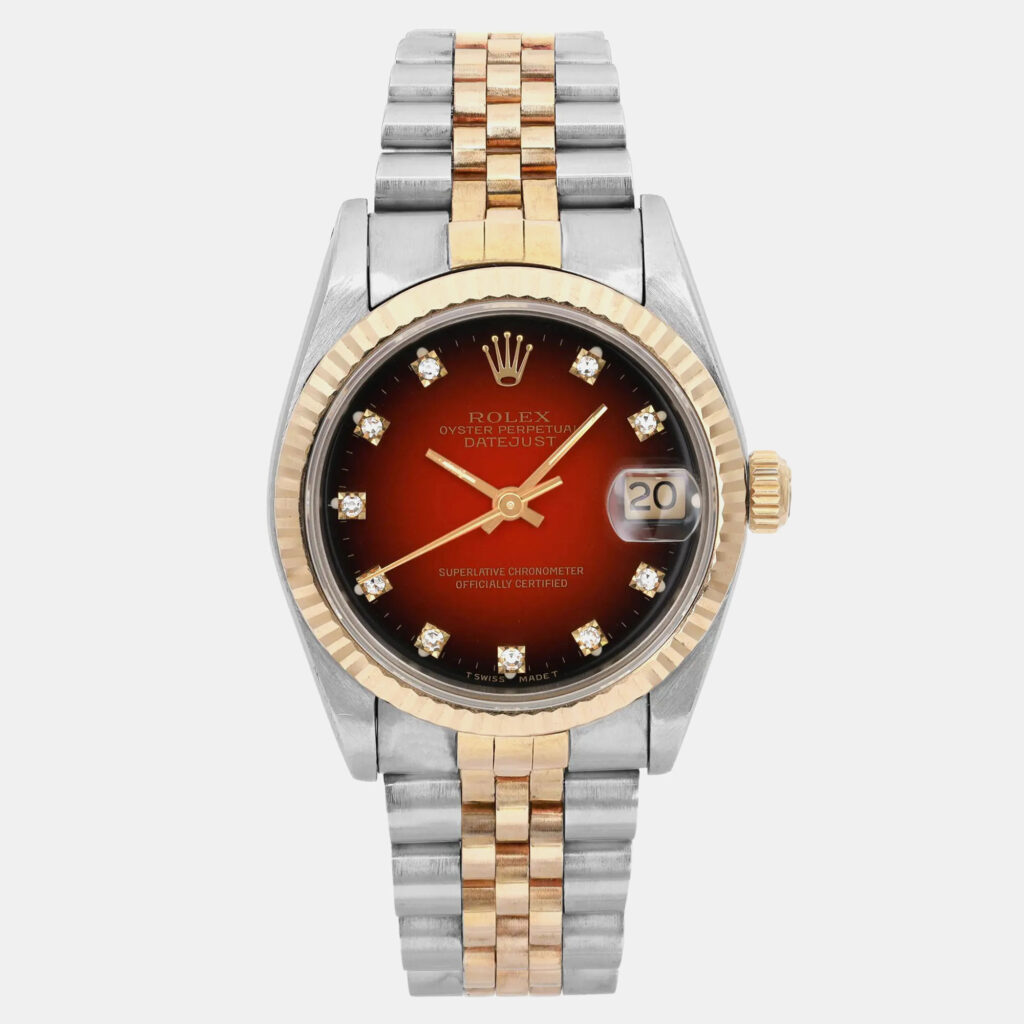 luxury-women-rolex-used-watches-p1160628-002 Rolex Red 18k Yellow Gold Stainless Steel Datejust 68273 Automatic Women's Wristwatch 31 mm