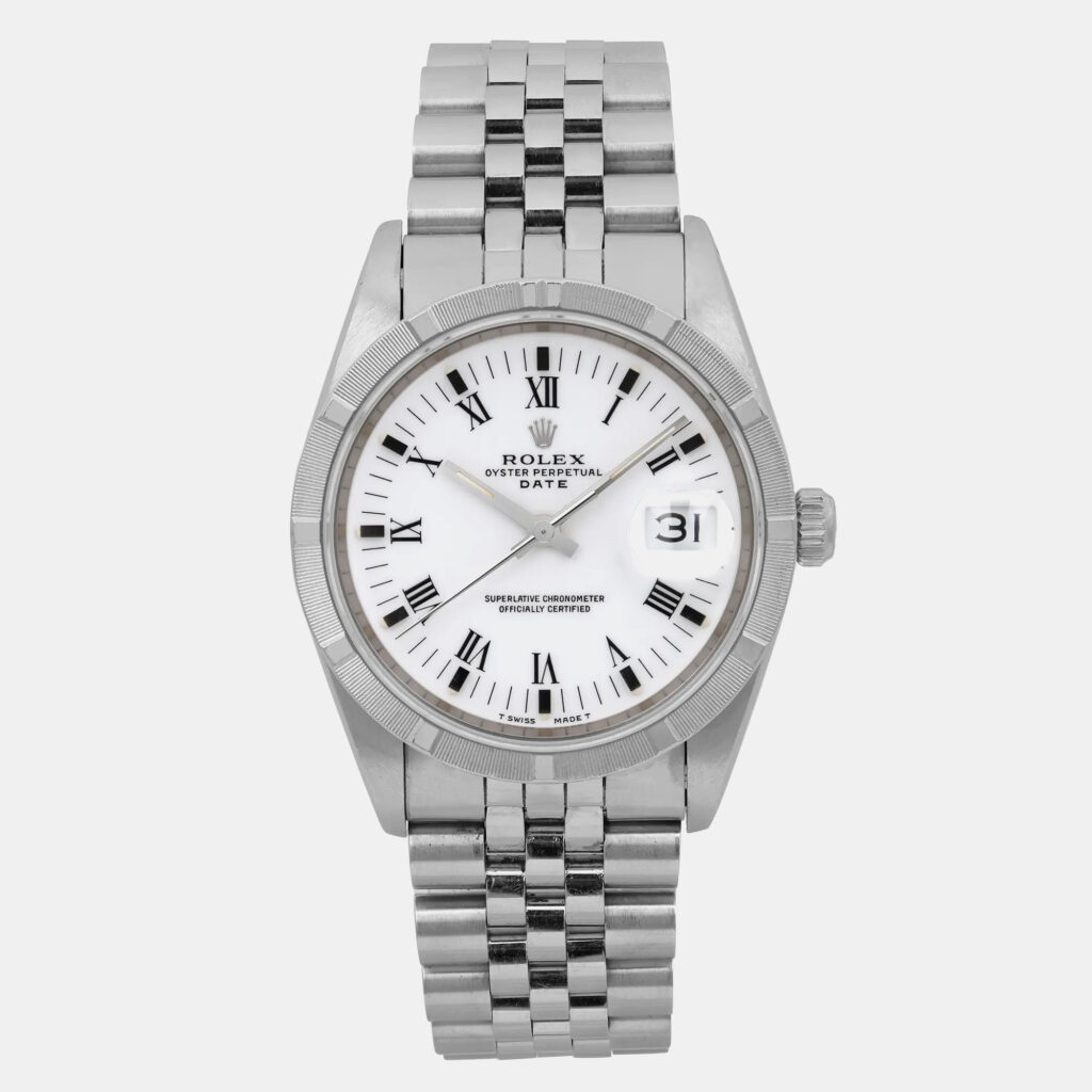 luxury-women-rolex-used-watches-p1160688-001 Rolex White Stainless Steel Oyster Perpetual Date 15210 Automatic Women's Wristwatch 34 mm