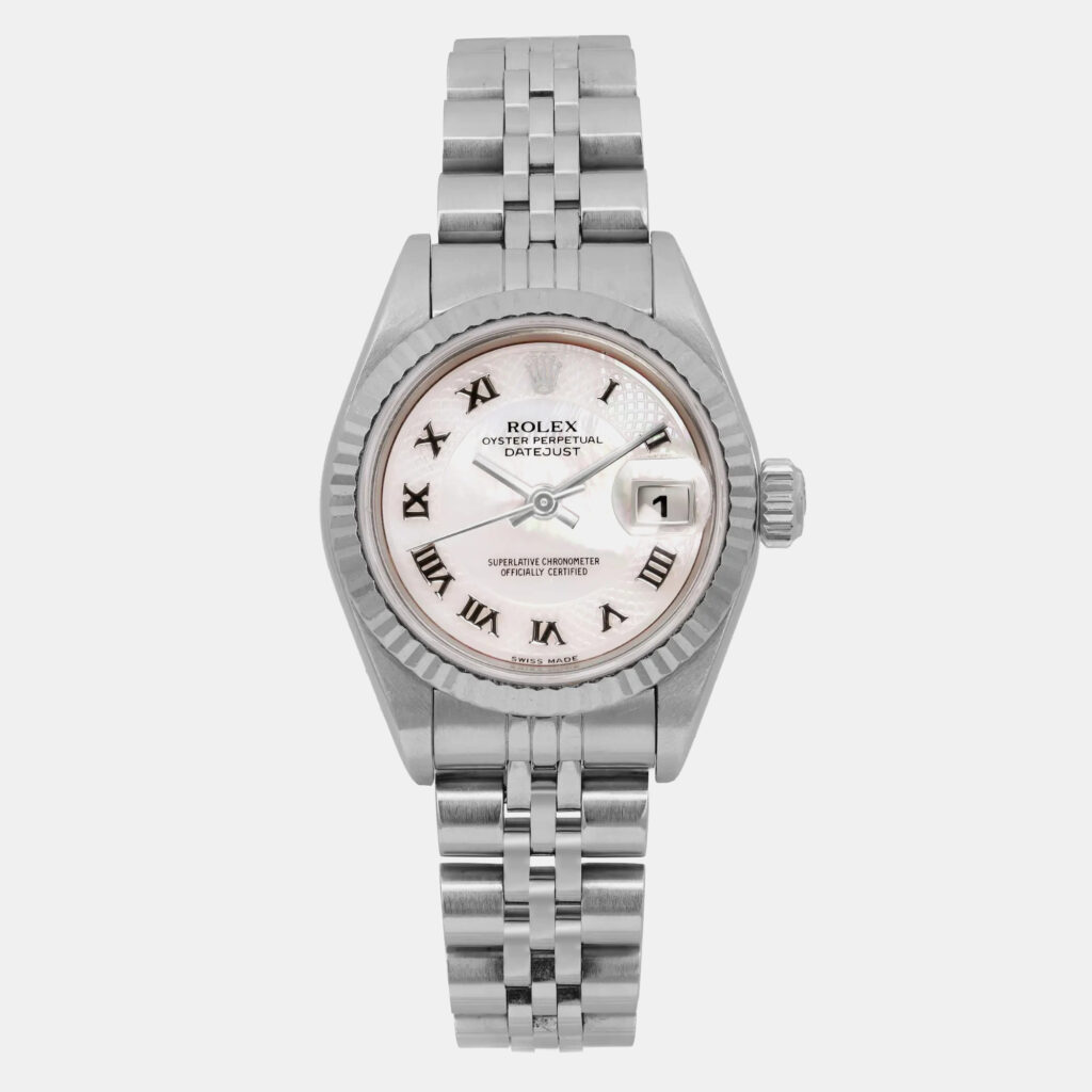 luxury-women-rolex-used-watches-p1160693-001 Rolex MOP 18K White Gold Stainless Steel Datejust 79174 Automatic Women's Wristwatch 26 mm