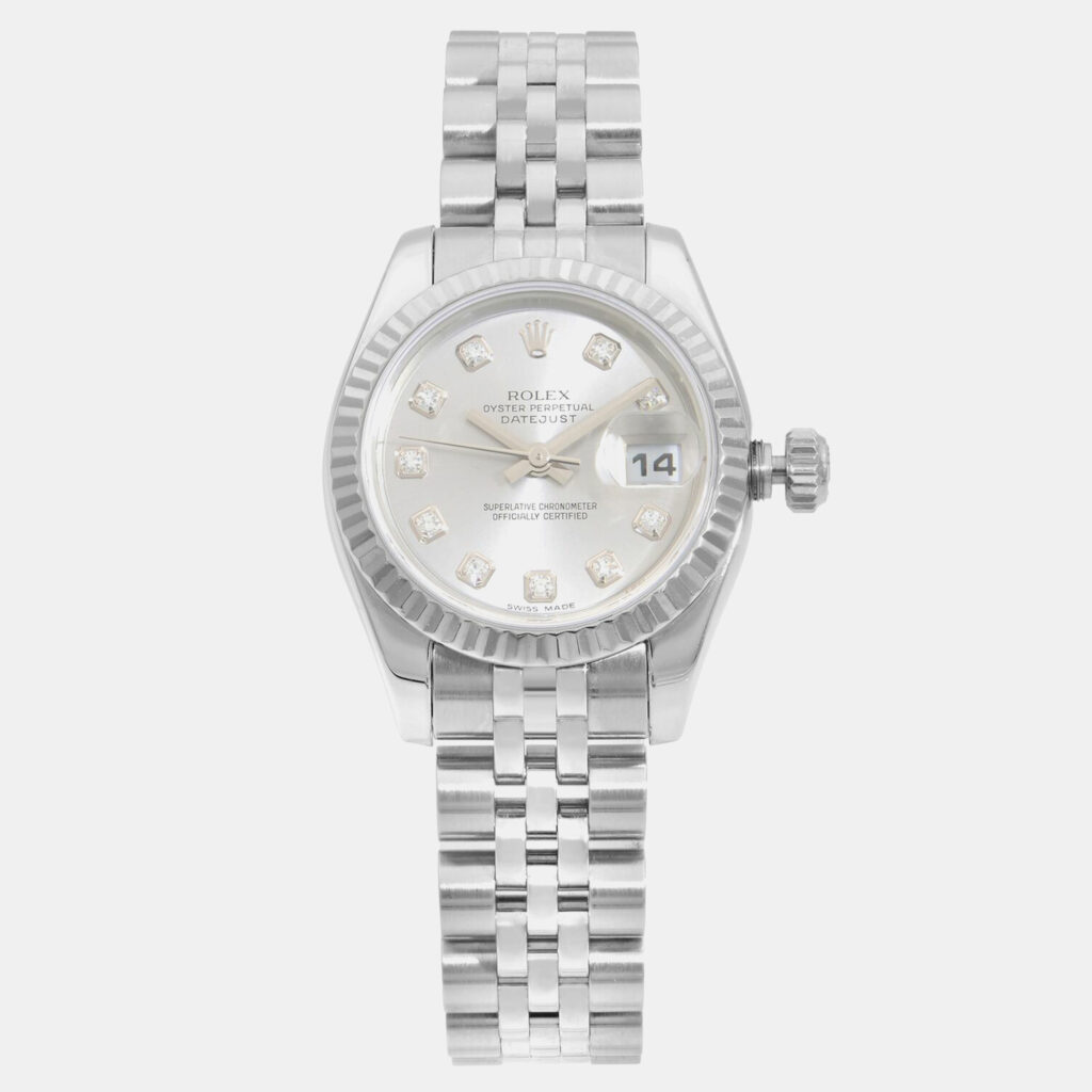 luxury-women-rolex-used-watches-p1160709-005 Rolex Silver Stainless Steel Datejust 179174 Automatic Women's Wristwatch 26 mm