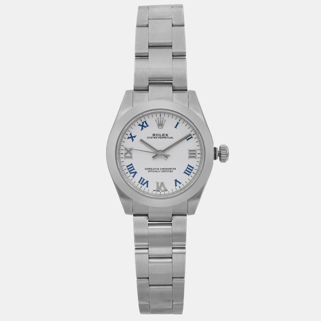 luxury-women-rolex-used-watches-p1160766-006 Rolex White Stainless Steel Oyster Perpetual 177200 Automatic Women's Wristwatch 31 mm