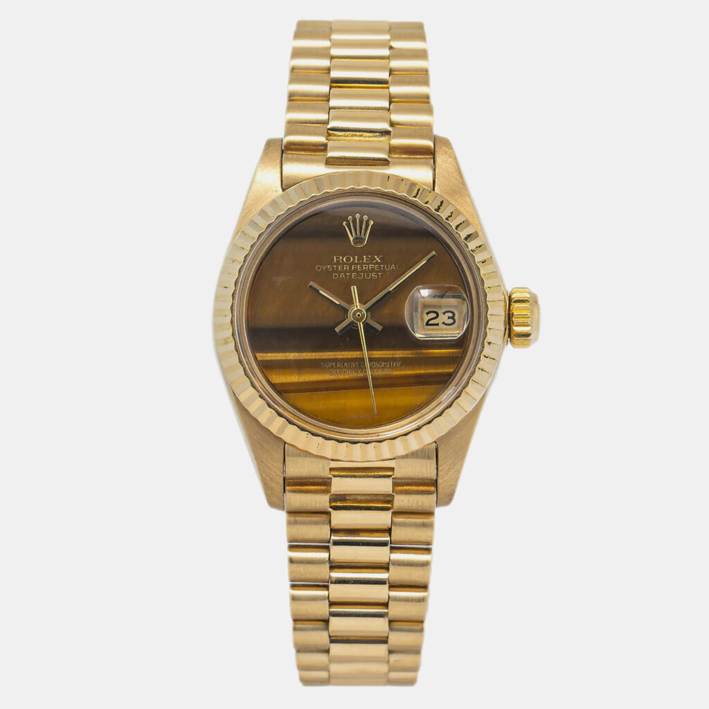 luxury-women-rolex-used-watches-p1166289-001 Rolex Brown Tiger Eye Yellow Gold Datejust 69178 Automatic Women's Wristwatch 26mm